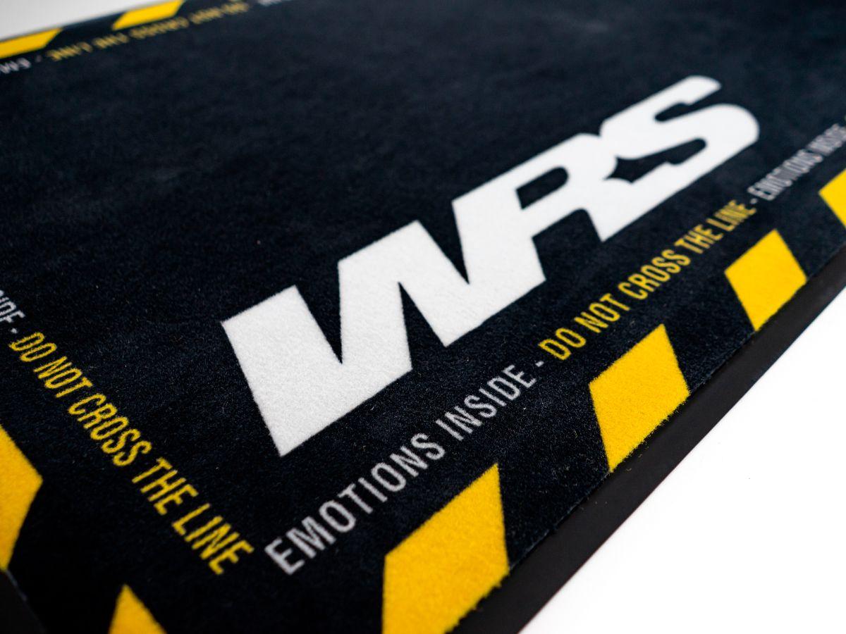 ORIGINAL WRS RECTANGULAR MOTORCYCLE CARPET WITH LOGO AND YELLOW LINE