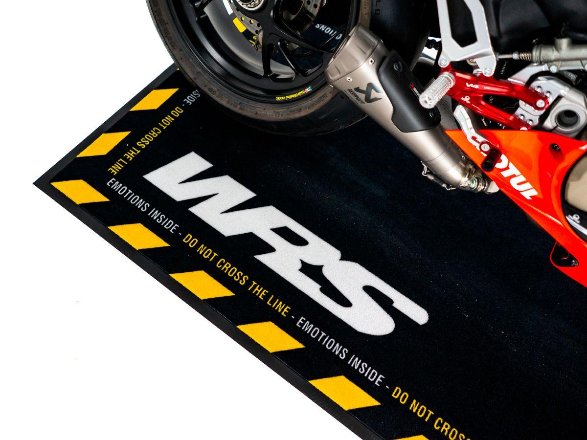 ORIGINAL WRS RECTANGULAR MOTORCYCLE CARPET WITH "CAUTION STRONG EMOTIONS" WORDS